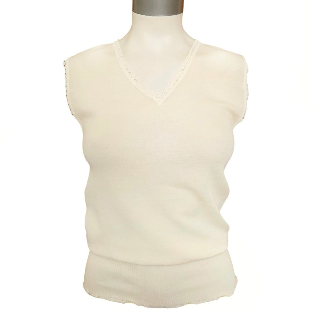 BALLANTYNES wool pullover cream lace trim lightweight ribbed sweater tank top L